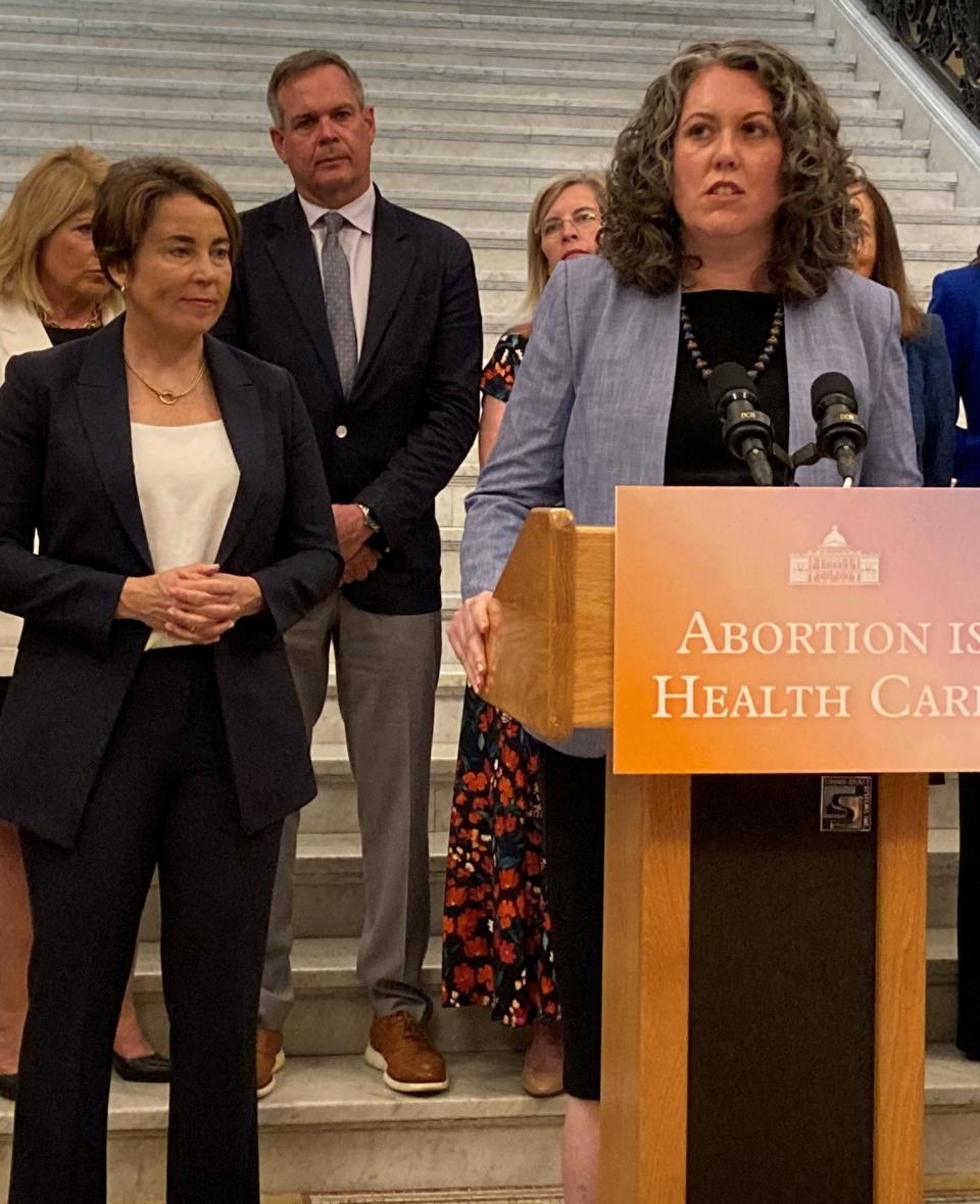 Rebecca Hart Holder, president of Reproductive Equity Now, discusses the Dobbs decision and the war on women's bodily autonomy and the criminalization of reproductive health care at a press conference designed to clarify Massachusetts laws in regards to reproductive health care Monday, June 24. It is the second anniversary of the overturning of Roe that allowed individual states to decide whether to allow birthing people the right to access abortion care.