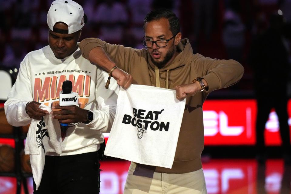 May 21, 2023; Miami, Florida, USA; Miami Dolphins head coach Mike McDaniel before game three of the Eastern Conference Finals between the Boston Celtics and Miami Heat in the 2023 NBA playoffs at Kaseya Center.