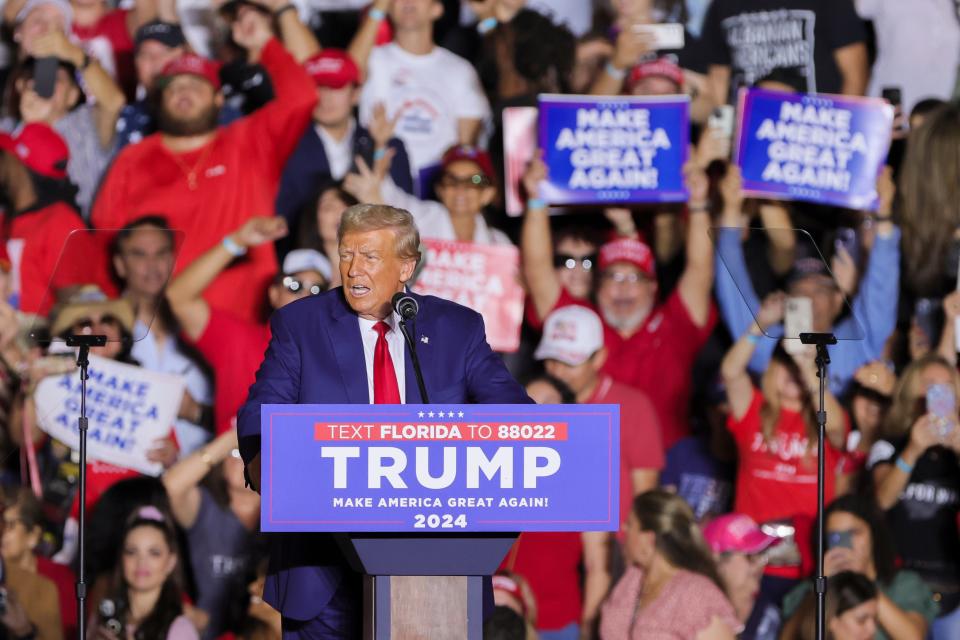 Former President Donald Trump speaks during a rally at Ted Hendricks Stadium at Henry Milander Park in Hialeah, Florida, Wednesday, November 8, 2023.