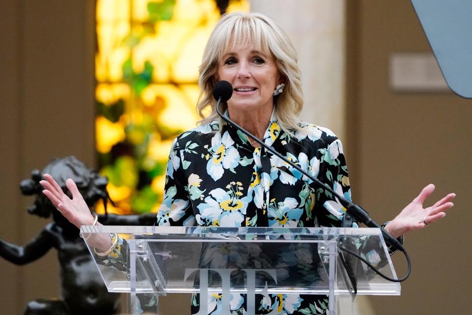 First lady Jill Biden speaks at the unveiling of the Metropolitan Museum of Art's Costume Institute exhibit "In America: A Lexicon of Fashion" on May 2, 2022, in New York.