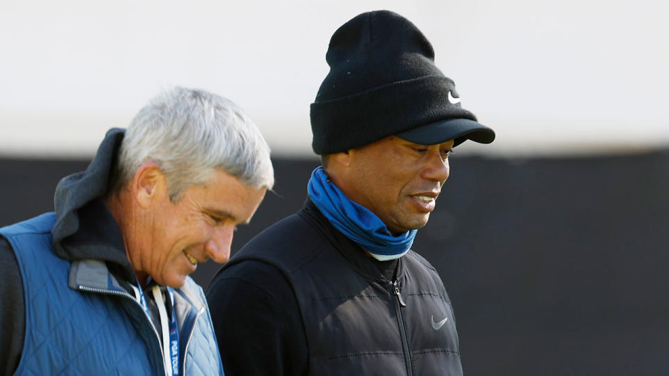 Pictured left to right, PGA Tour Commissioner Jay Monahan and Tiger Woods. 