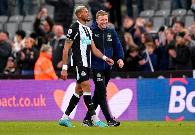 Newcastle head coach Eddie Howe (right) is hoping Joelinton signs a new deal