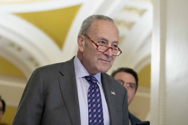 Senate Majority Leader Chuck Schumer, D-N.Y., has called the GOP House impeachment of Homeland Security Sec. Mayorkas a "sham impeachment" to appease Donald Trump. Democrats view it as unconstitutional. Schumer can schedule an impeachment trial or move to dismiss it without a trial. File Photo by Bonnie Cash/UPI