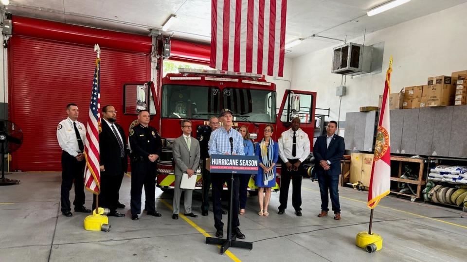 U.S. Sen. Rick Scott stands before a group of Palm Beach County local officials during a talk about hurricane-season preparedness during an appearance in Jupiter, Florida, on Monday, June 5, 2023.