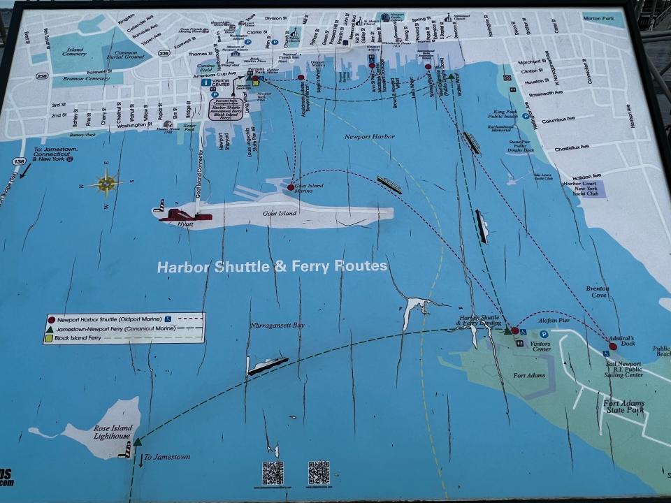 A map at East Ferry Wharf in Jamestown displays the routes taken by the Jamestown Newport Ferry.