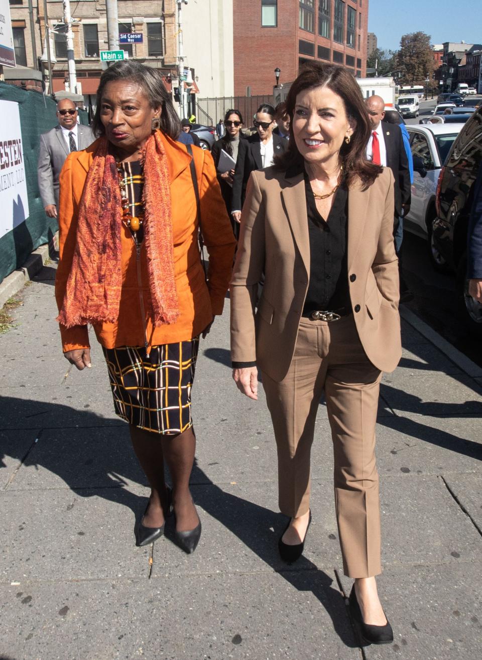 New York Gov. Kathy Hochul walks with State Senate Majority Leader Andrea Stewart-Cousins in Yonkers Sept. 29, 2023.