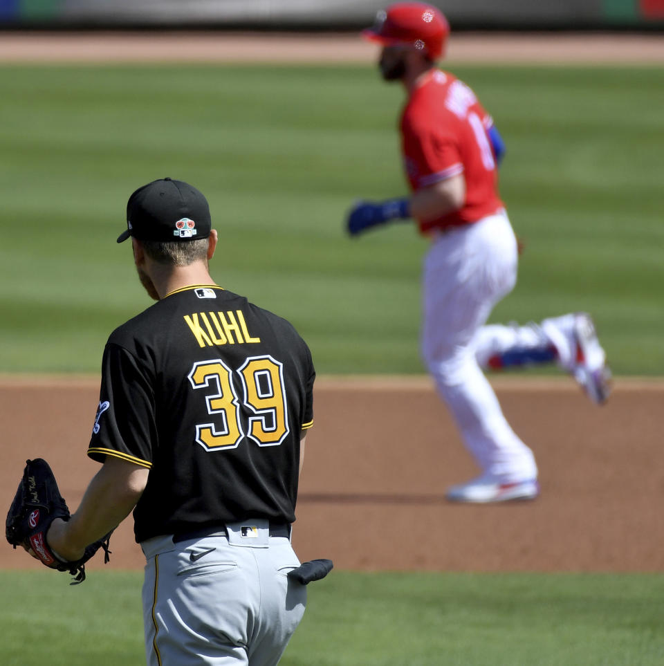 Philadelphia Phillies designated hitter Bryce Harper rounds the bases after hitting a home run off Pittsburgh Pirates pitcher Chad Kuhl in the first inning of a spring training baseball game, Friday, March 5, 2021, at Baycare Ballpark in Clearwater, Fla. (Matt Freed/Pittsburgh Post-Gazette via AP)