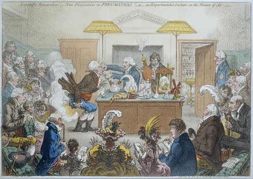 <span class="caption">James Gillray's 'Scientific Researches! - New Discoveries in Pneumaticks! - or - an Experimental Lecture on the Powers of Air’ from 1802.</span> <span class="attribution"><span class="source">The Royal Institution of Great Britain</span>, <span class="license">Author provided</span></span>