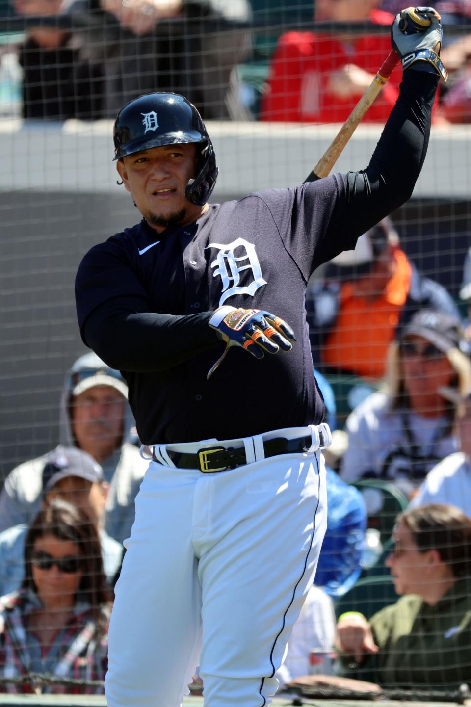 Miguel Cabrera looks on while on deck during the fifth inning against the Blue Jays at Joker Marchant Stadium, March 20, 2023.