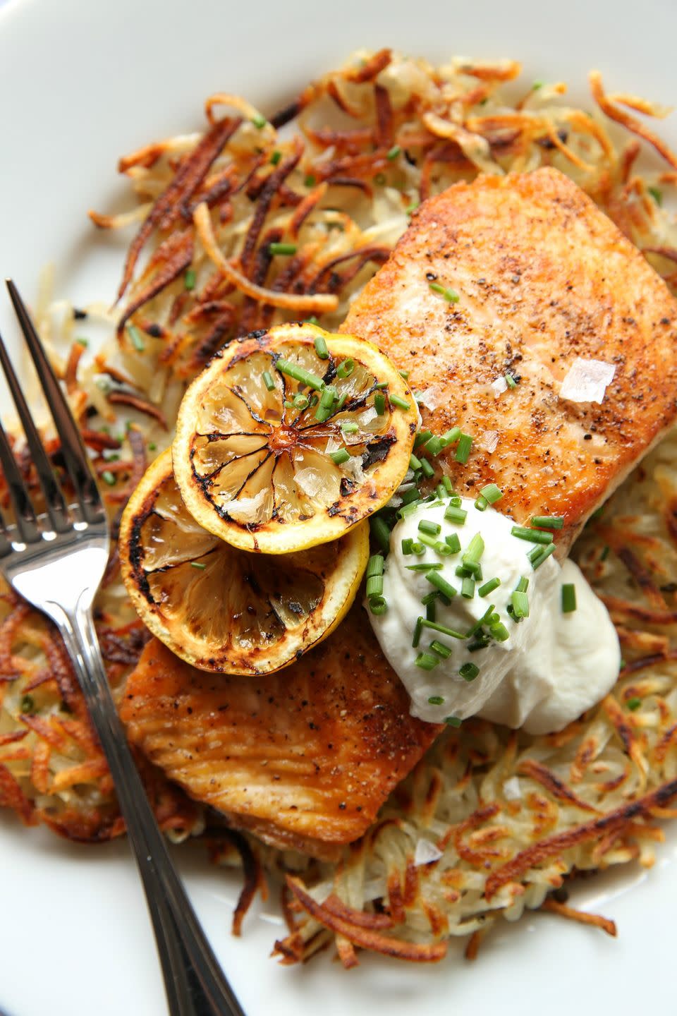 Seared Salmon with Potato Pancakes and Yogurt Sauce