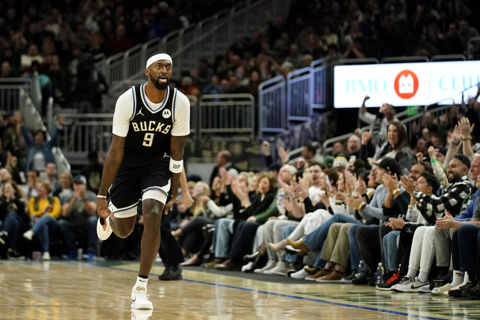 Milwaukee Bucks' Bobby Portis (9) reacts after making a basket during the first half of an NBA basketball game against the Cleveland Cavaliers, Friday, Jan. 26, 2024, in Milwaukee. (AP Photo/Aaron Gash)