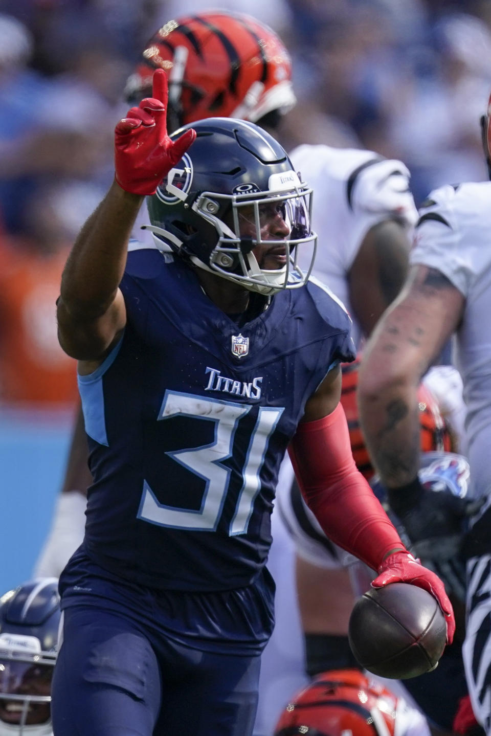 Tennessee Titans safety Kevin Byard (31) celebrates recovering a fumble against the Cincinnati Bengals during the second half of an NFL football game, Sunday, Oct. 1, 2023, in Nashville, Tenn. (AP Photo/George Walker IV)