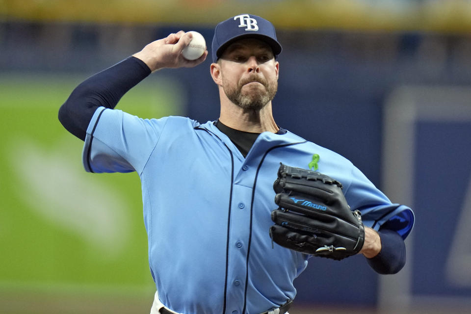 Tampa Bay Rays starting pitcher Corey Kluber delivers to the Detroit Tigers during the first inning of a baseball game Monday, May 16, 2022, in St. Petersburg, Fla. (AP Photo/Chris O'Meara)