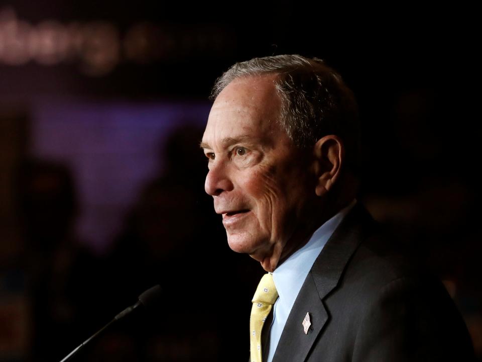 FILE - In this Tuesday, Feb. 4, 2020, file photo, Democratic presidential candidate and former New York City Mayor Michael Bloomberg talks to supporters, in Detroit. Bloomberg won the votes of New Hampshire's Dixville Notch community, hanging onto its tradition of being among the first to cast ballots in the presidential primary, early Tuesday, Feb. 11. (AP Photo/Carlos Osorio, File)