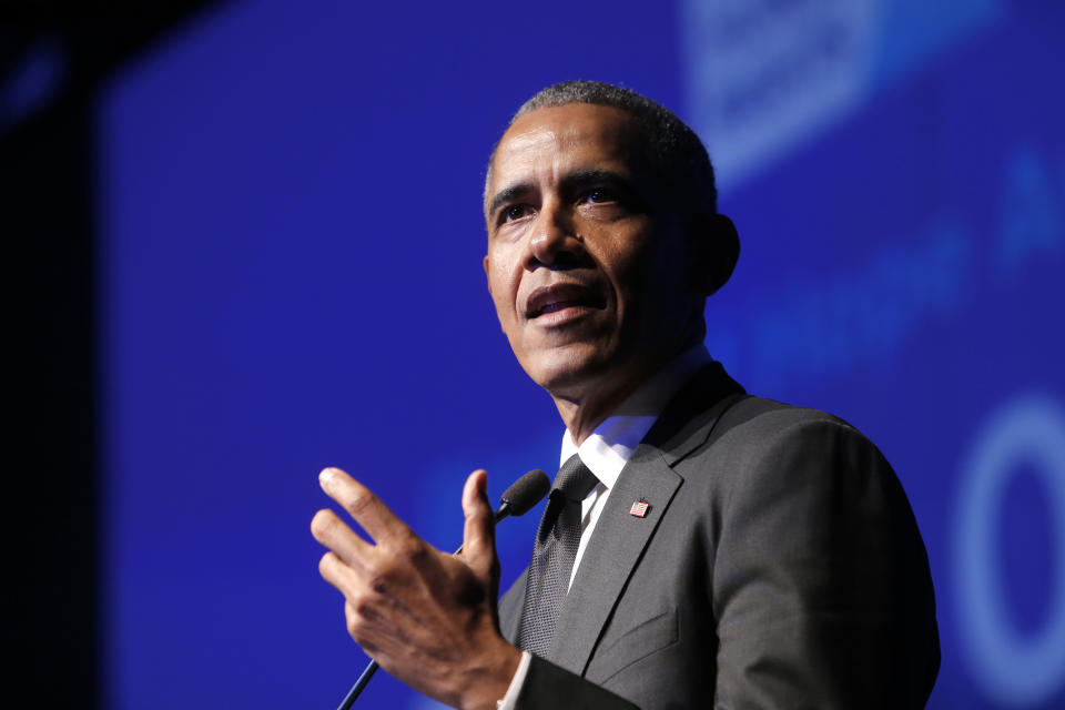 Former President Barack Obama accepts the Robert F. Kennedy Human Rights Ripple of Hope Award at a ceremony, Wednesday, Dec. 12, 2018, in New York. (AP Photo/Jason DeCrow)