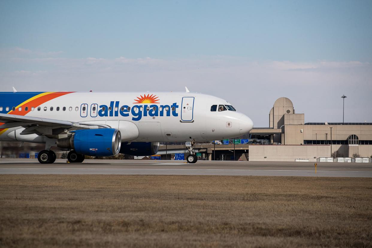 An Allegiant Airlines jet rolled down the runway during takeoff at Louisville Muhammad Ali International Airport. Feb. 9, 2024