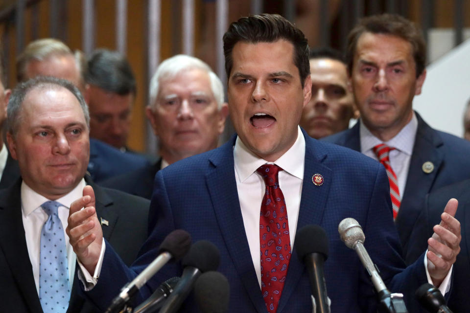 U.S. Rep. Matt Gaetz (R-FL) speaks as House Minority Whip Rep. Steve Scalise (R-LA) (L) listens during a press conference at the U.S. October 23, 2019 in Washington, DC. (Photo by Alex Wong/Getty Images)