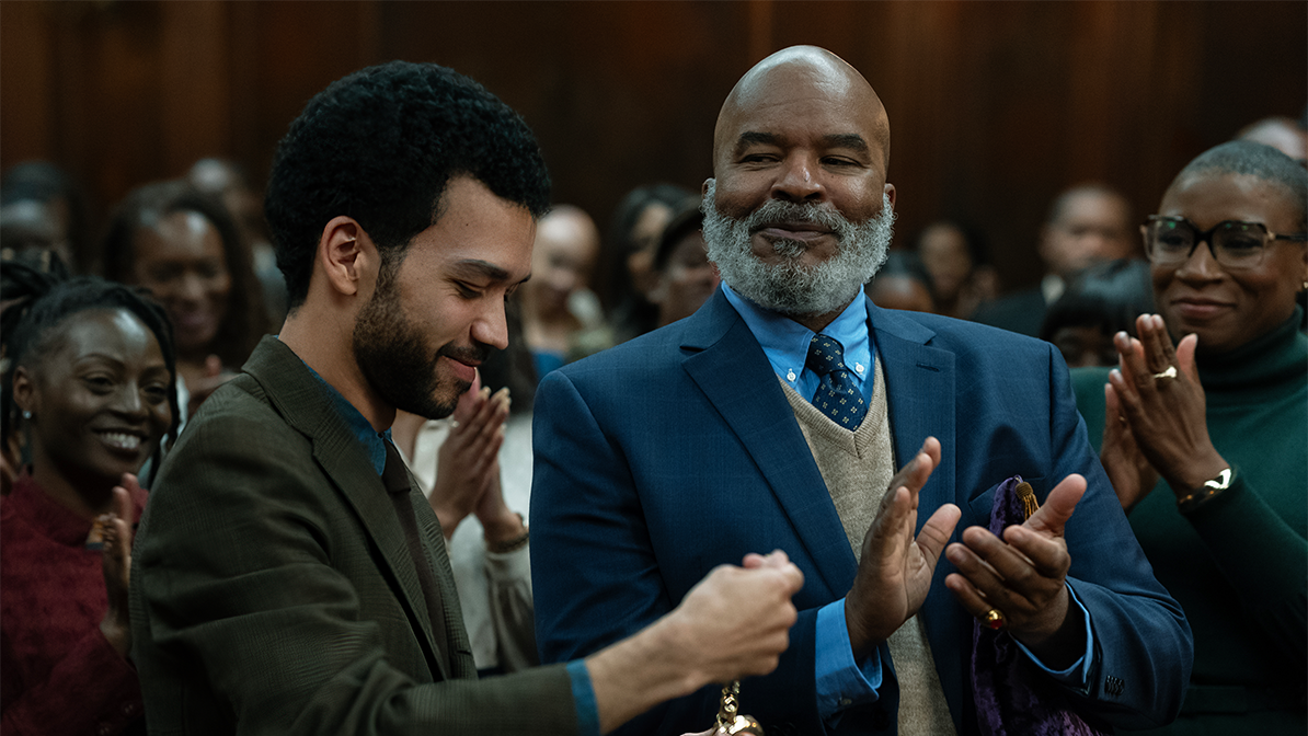  Justice Smith as Aren, David Alan Grier as Roger and Aisha Hinds as Gabbard in The American Society of Magical Negroes. 