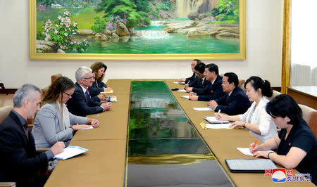 North Korea's Minister of Health Jang Jun Sang meets with the United Nations Under-Secretary-General for Humanitarian Affairs and Emergency Relief Coordinator Mark Lowcork in Pyongyang, North Korea in this photo released July 11, 2018 by North Korea's Korean Central News Agency. KCNA via REUTERS 