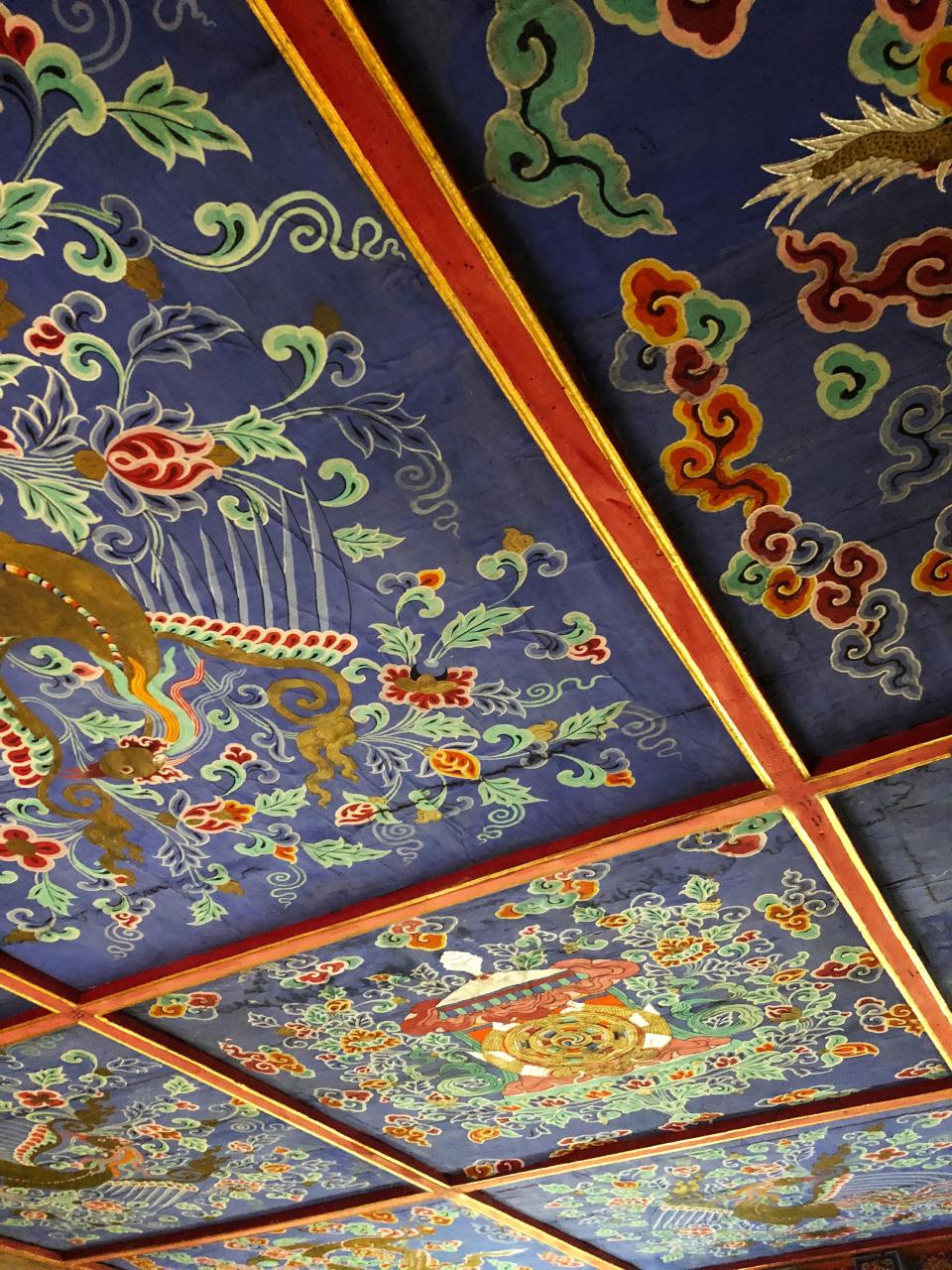 A detail of the ceiling of a room that was reserved for important guests of the palace. The original mineral-based paints were replicated as part of an extensive restoration program.