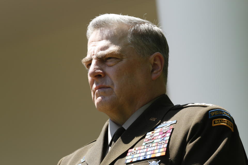 Mark Milley, chairman of the joint chiefs of staff, listens while U.S. President Donald Trump, not pictured, speaks during an event at the White House in Washington, D.C., U.S., on Friday, May 15, 2020. (Stefani Reynolds/CNP/Bloomberg via Getty Images)