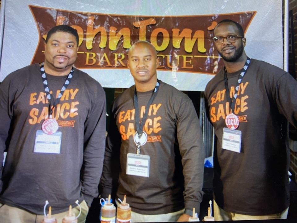 Lathay Pegues (from left), Rodney Robinson, Terrell Cooper. Their JohnTom’s Barbecue Sauce will be available at Lucas Oil Stadium in 2023 during Colts games.