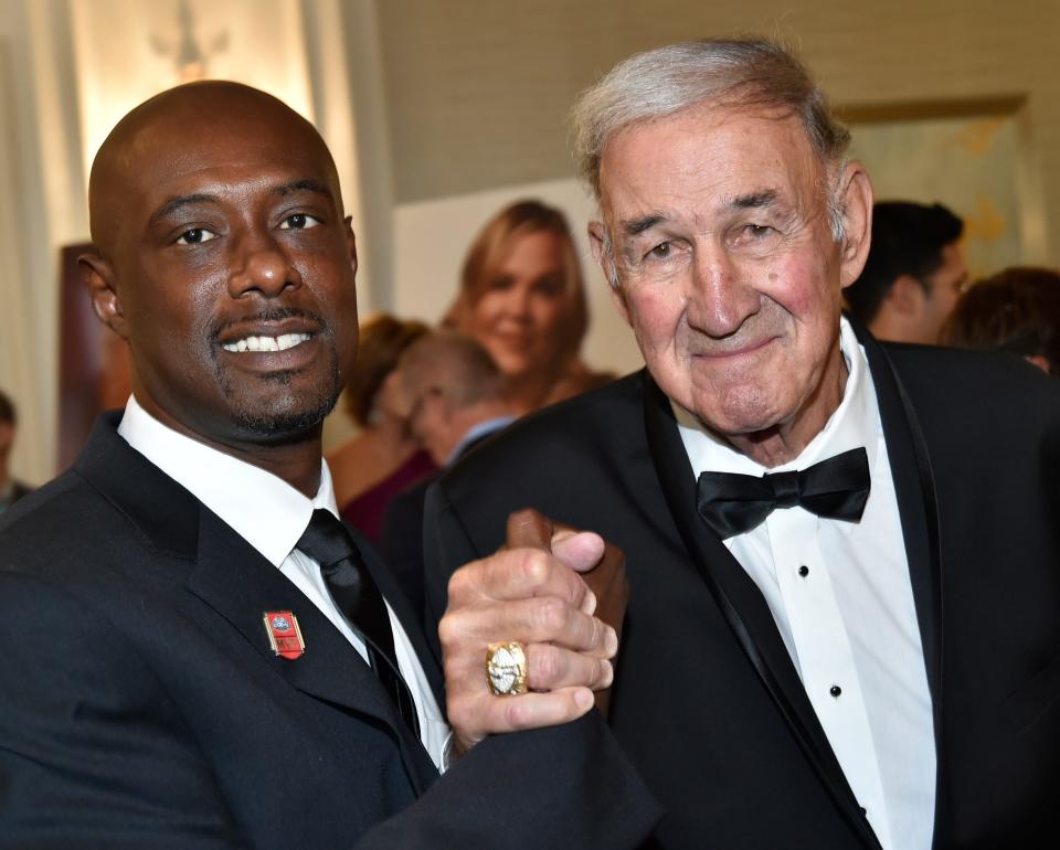 Tampa Bay Buccaneers defensive coordinator Monte Kiffin, on right, with MVP of Super Bowl XXXVII, Dexter Jackson attended the 2019 14th Annual Dick Vitale Gala held at the Ritz-Carlton, Sarasota, Friday evening May 10, 2019. [Herald-Tribune staff photo / Thomas Bender]