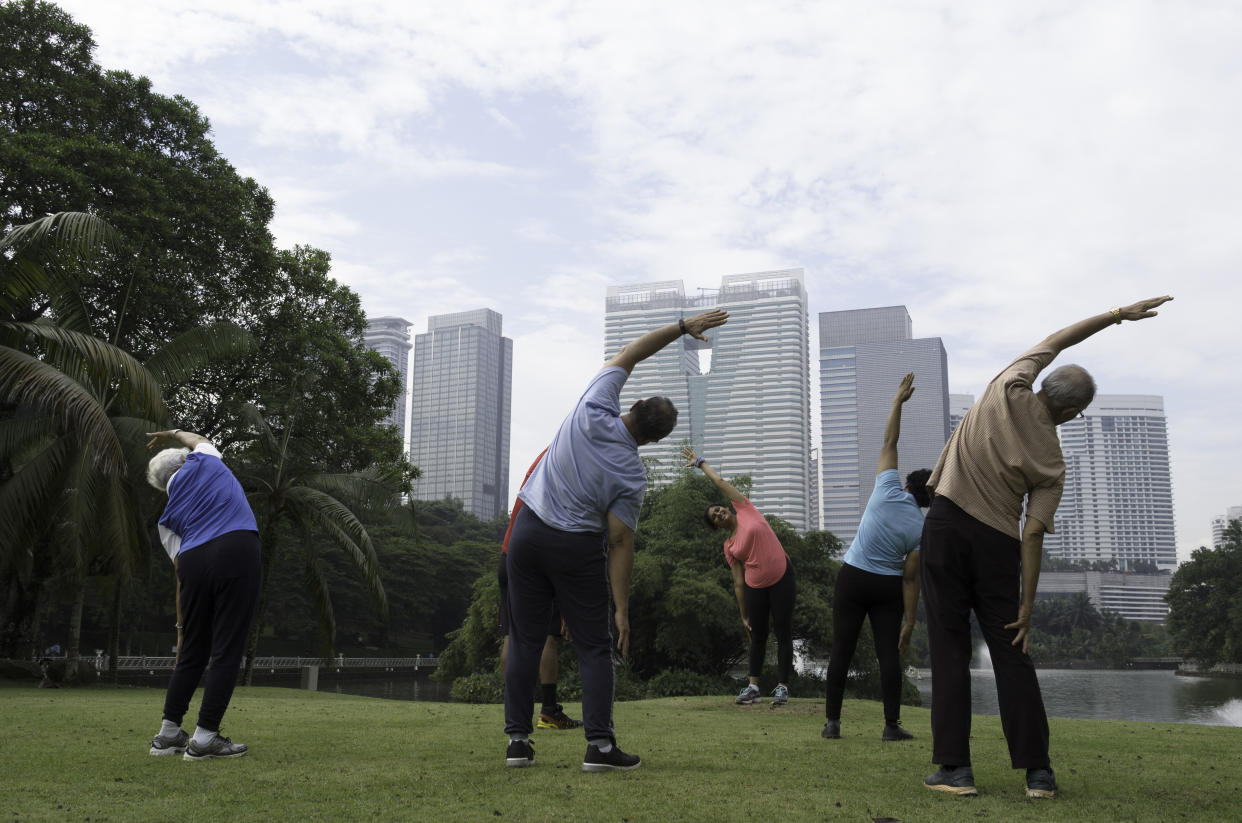 A group of mixed senior citizen at the park doing simple exercises with the skyline of a city in the background