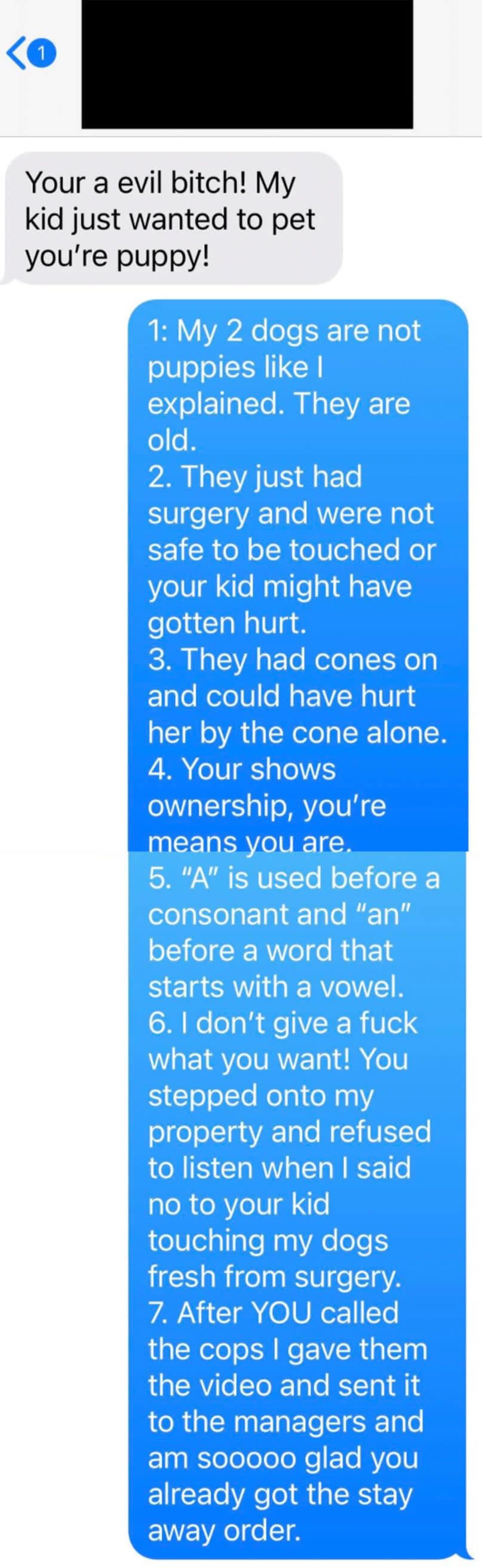 person texts dog-owner angry their kids couldn't pet their "puppies" and the person explains their dogs are old, not puppies, and that they just got out of surgery — they then mention the person calling the cops on them and correct their grammar