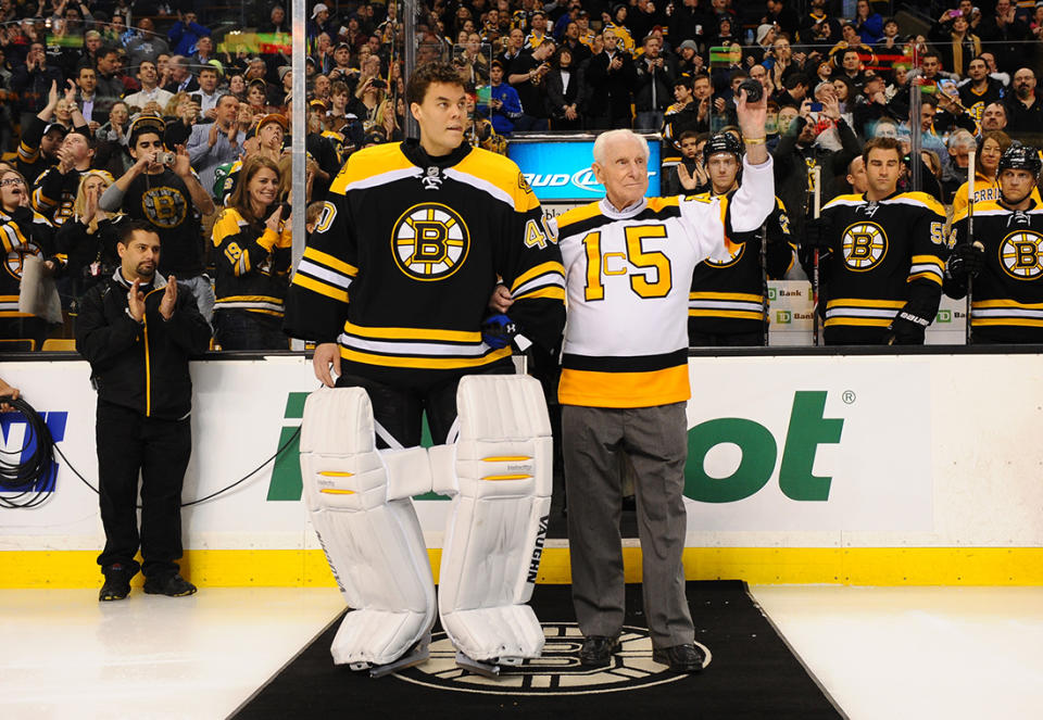 <p>BOSTON, MA – MARCH 7: Tuukka Rask #40 of the Boston Bruins helps alumni legend Milt Schmidt out to the ice for a ceremonial puck drop prior to the game against the Toronto Maple Leafs at the TD Garden on March 7, 2013 in Boston, Massachusetts. (Photo by Steve Babineau/NHLI via Getty Images) </p>