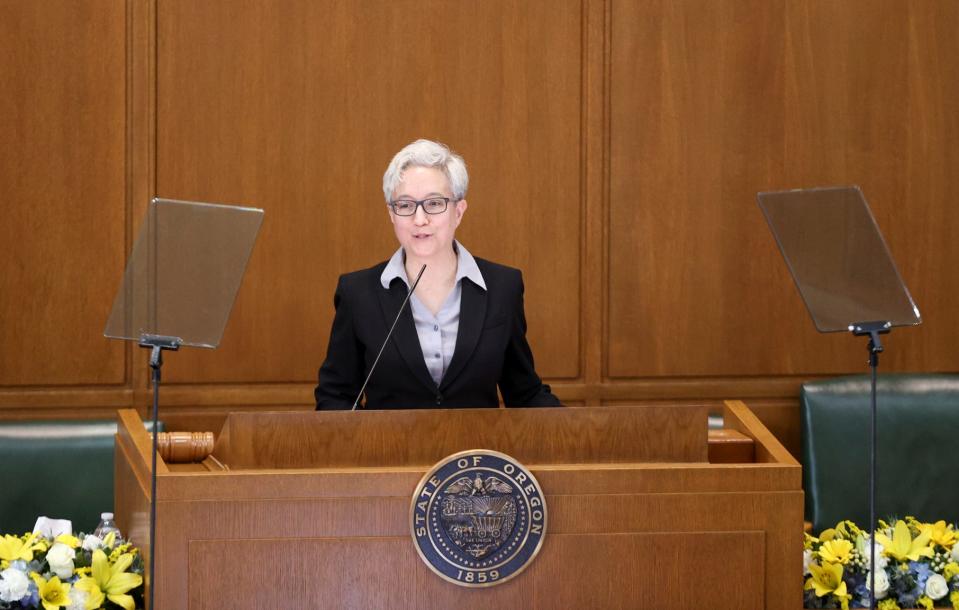 Gov. Tina Kotek speaks during a joint session of the Oregon Legislature Monday after being sworn in.
