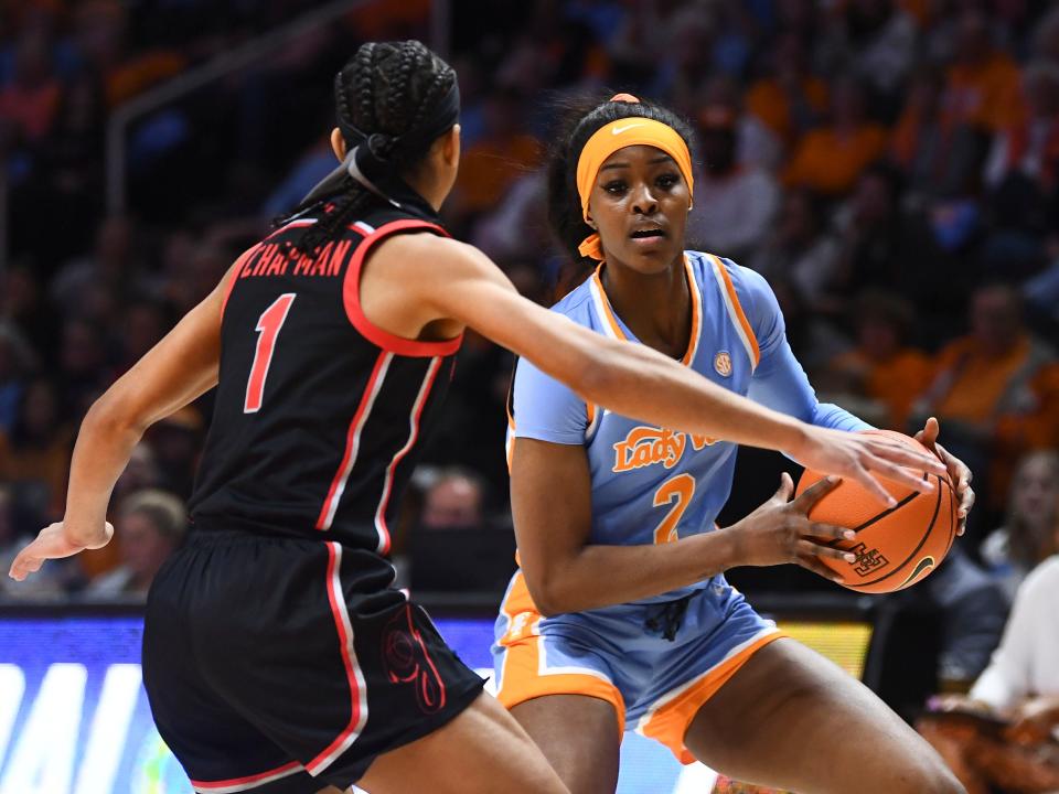 Tennessee's Rickea Jackson (2) is guarded by Georgia guard Chloe Chapman (1) during the NCAA college basketball game between the Tennessee Lady Vols and Georgia on Sunday, January 15, 2023 in Knoxville, Tenn.