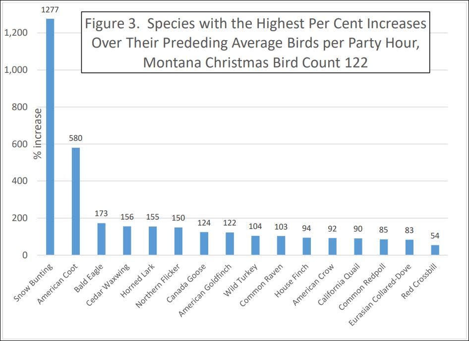 Montana state Audubon Society compiler Rosemary Leach's record of bird population increases in 2021.
