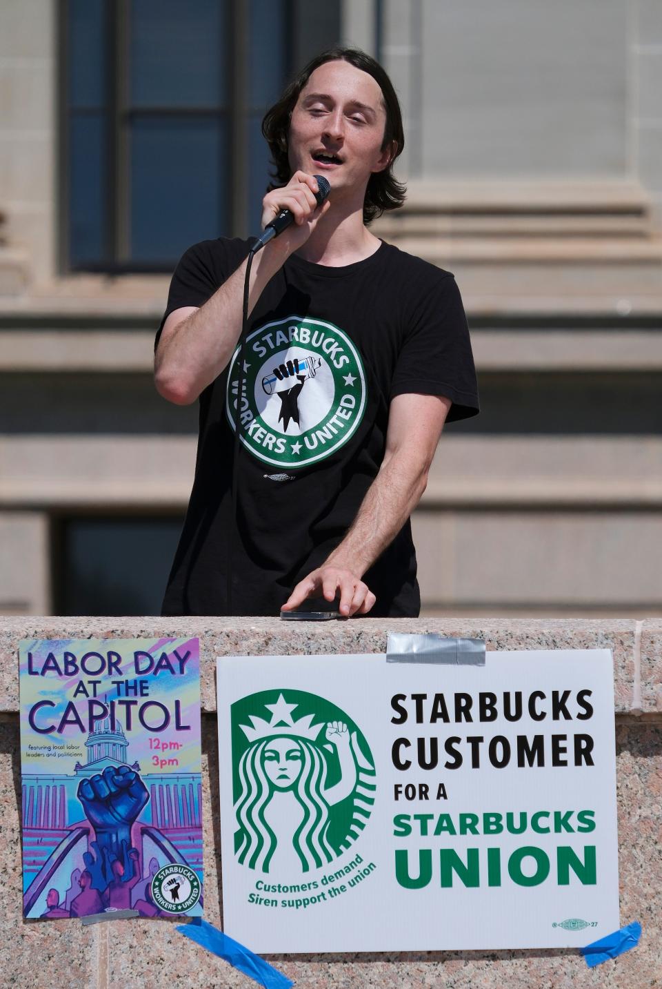 Collin Pollitt speaks at a Starbucks Workers United rally at the Oklahoma Capitol on Sept. 5 2022.