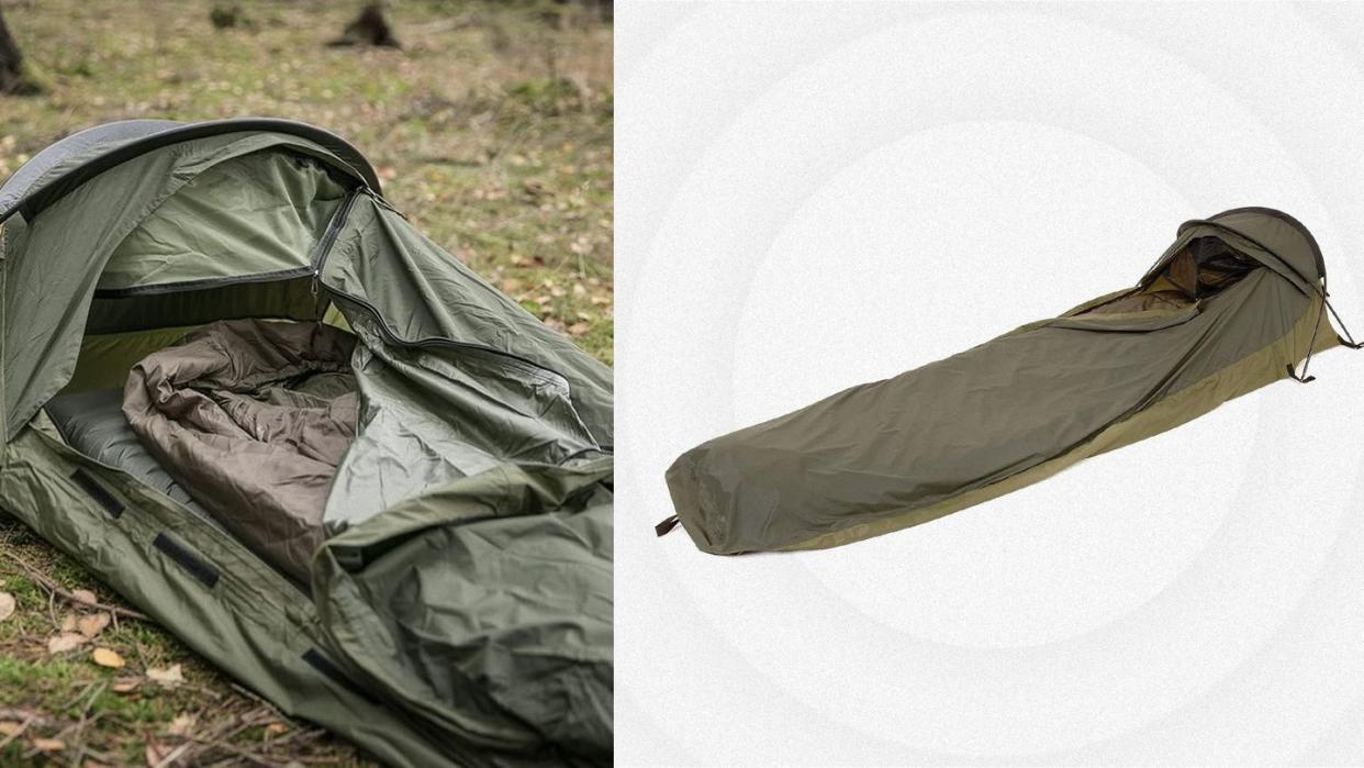 green bivvy sack set up on grass