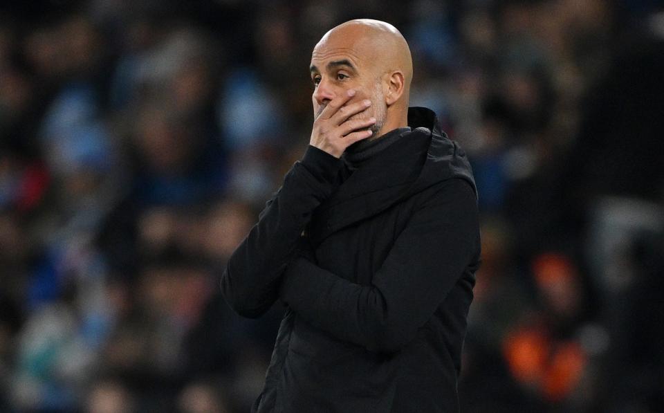 Pep Guardiola, manager of Manchester City, reacts during the Uefa Champions League match between Manchester City