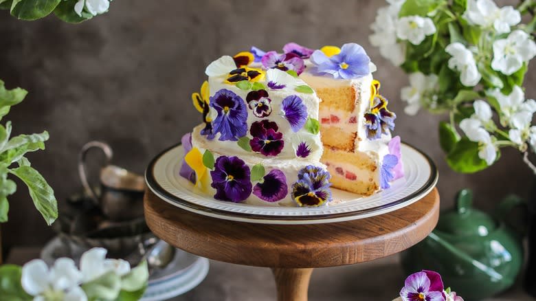 cake decorated with edible flowers
