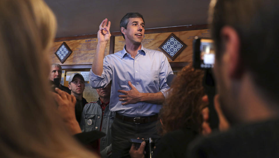 Former Texas congressman Beto O'Rourke addresses a gathering during a campaign stop at a restaurant in Manchester, N.H., Thursday, March 21, 2019. O'Rourke announced last week that he'll seek the 2020 Democratic presidential nomination. (AP Photo/Charles Krupa)