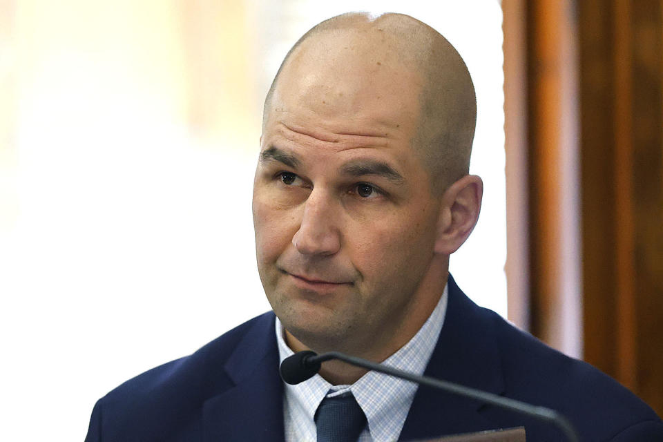 Massachusetts State Trooper Michael Proctor testifies during Karen Read's trial, Wednesday, June 12, 2024, in Norfolk Super Court in Dedham, Mass. Read is facing charges, including second degree murder, in the 2022 death of her boyfriend Boston Officer John O’Keefe. (Greg Derr/The Patriot Ledger via AP, Pool)