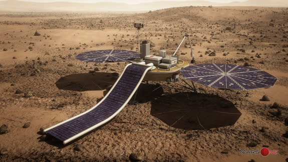 An artist's depiction of the private Mars One lander for a unmanned mission to Mars slated to launch in 2018. The design is based on NASA's Phoenix Mars lander.