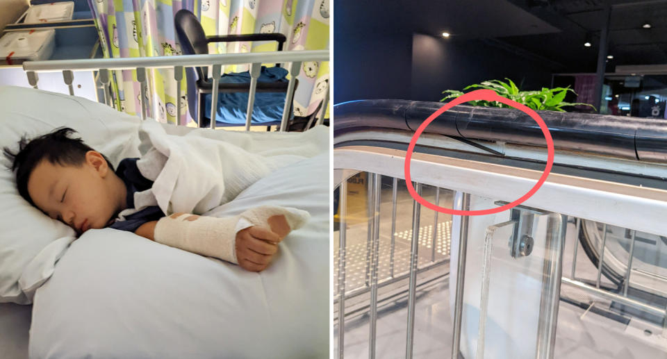 Young boy in hospital with severed thumb (left) shopping centre escalator with protruding metal (right)