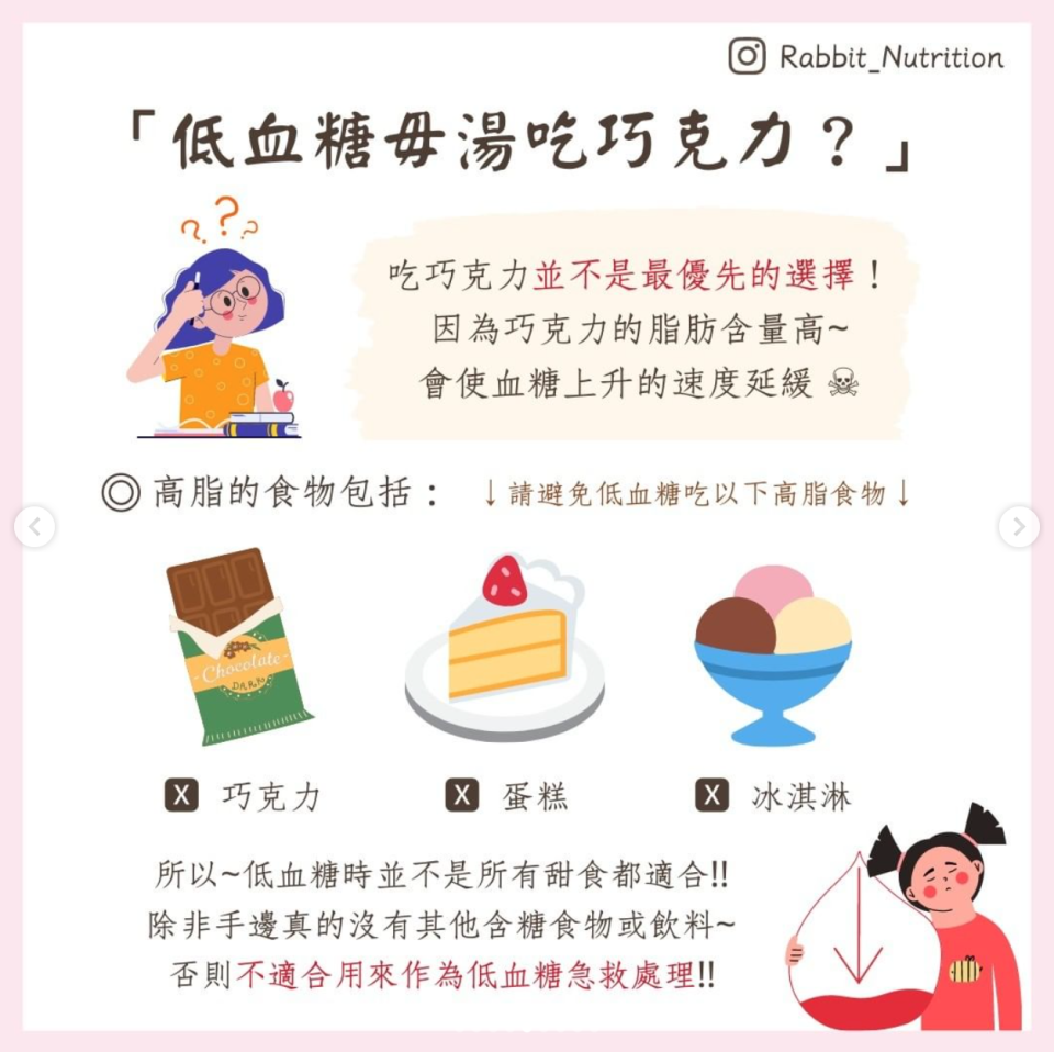 營養師指出，低血糖時不是所有甜食都適合補充。（圖／翻攝自 rabbit_nutrition IG）