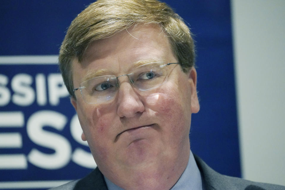 Mississippi Republican Gov. Tate Reeves listens to a newspaper publisher's question during the Mississippi Press Association annual meeting in Flowood, Miss., Friday, June 16, 2023. (AP Photo/Rogelio V. Solis)