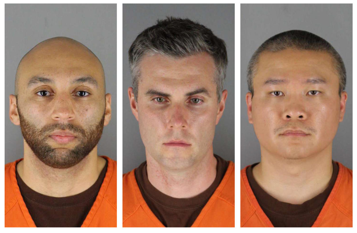 This combination of photos provided by the Hennepin County Sheriff's Office in Minnesota on Wednesday, June 3, 2020, shows from left, Minneapolis Police Officers J. Alexander Kueng, Thomas Lane and Tou Thao. Hennepin County Sheriff's Office via AP, File)