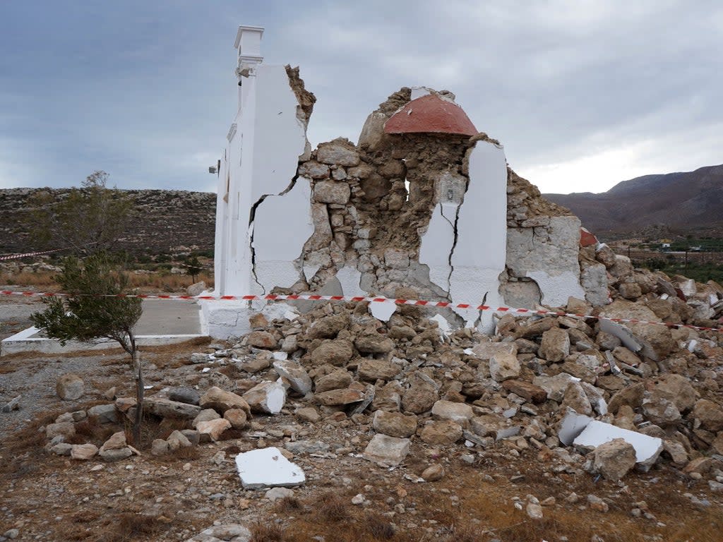 A chapel near the village of Zakros on the eastern coast of the island of Crete that was damaged by the last earthquake to strike the country on 12 October (Costas Metaxakis/AFP/Getty)