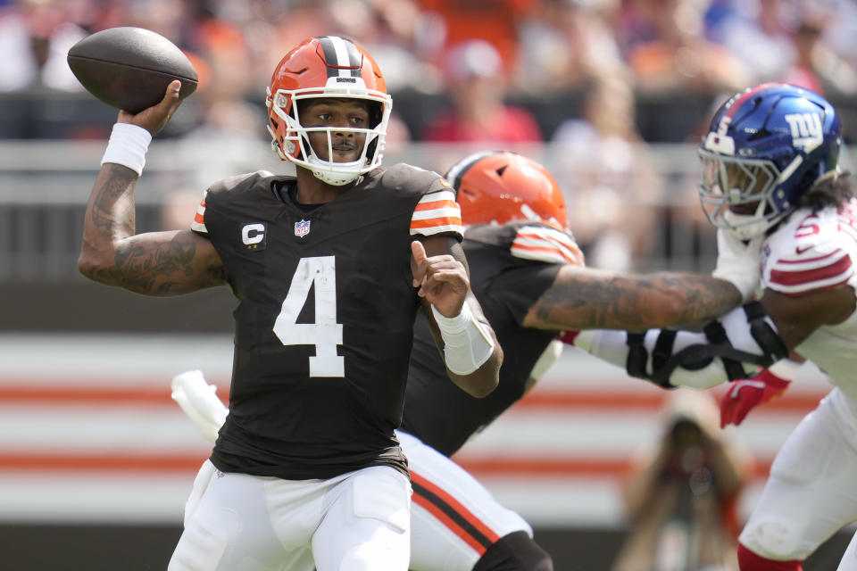 Cleveland Browns quarterback Deshaun Watson (4) passes against the New York Giants during the first half of an NFL football game, Sunday, Sept. 22, 2024 in Cleveland. (AP Photo/Sue Ogrocki)