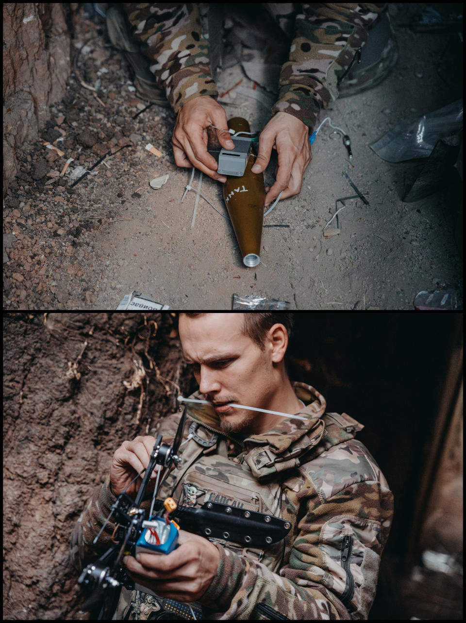 Sapsan puts together parts of a FPV drone on the southern front line near Robotyne Sept. 14. (Photo for The Washington Post by Wojciech Grzedzinski)