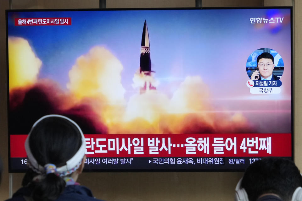 A TV screen shows a file image of North Korea's missile launch during a news program at the Seoul Railway Station in Seoul, South Korea, Monday, April 22, 2024. North Korea fired multiple suspected short-range ballistic missiles toward its eastern waters on Monday, South Korea's military said, the latest in a recent series of weapons launches by the North. (AP Photo/Ahn Young-joon)