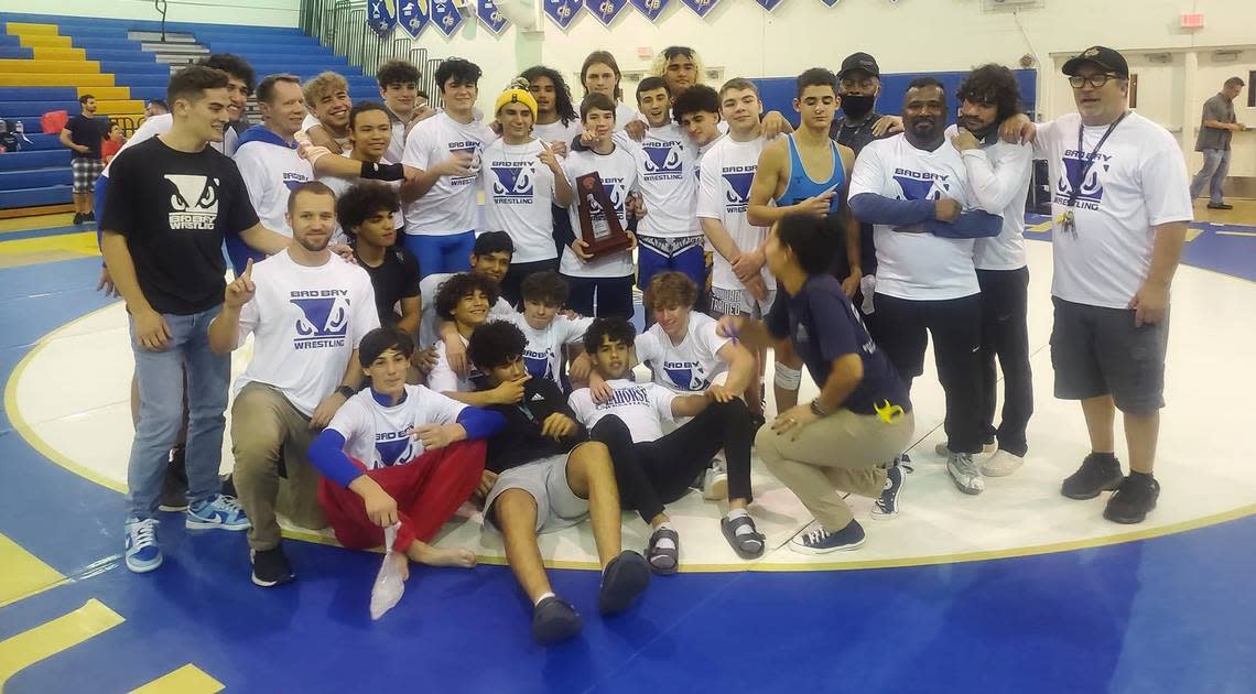 The Cypress Bay wrestling team won a 3A district duals, advancing to regionals.