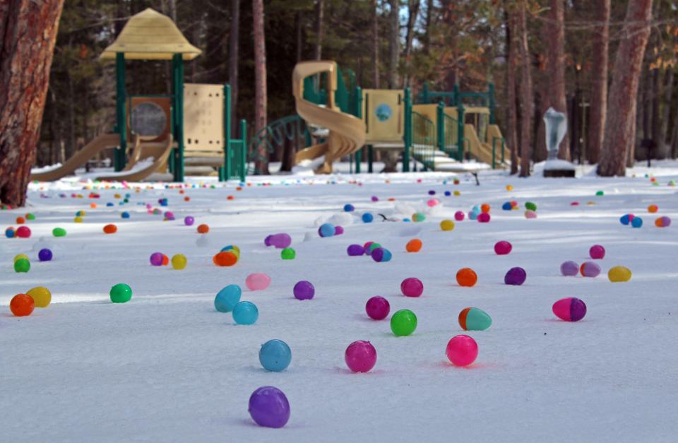 Plastic Easter eggs are scattered around Young State Park in Boyne City for the Young State Park Egg Hunt.